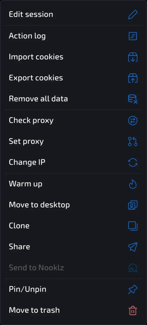 actions menu