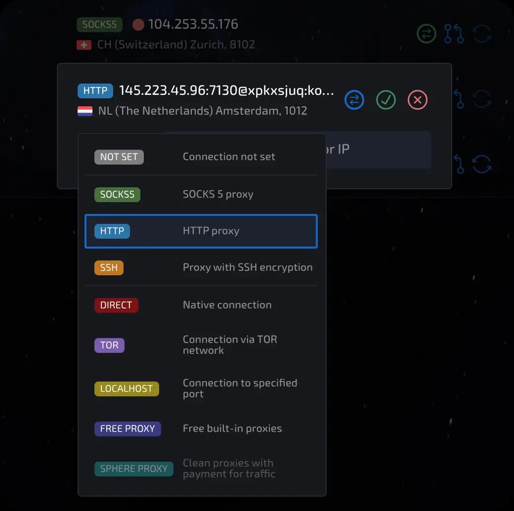 select connection/proxy type
