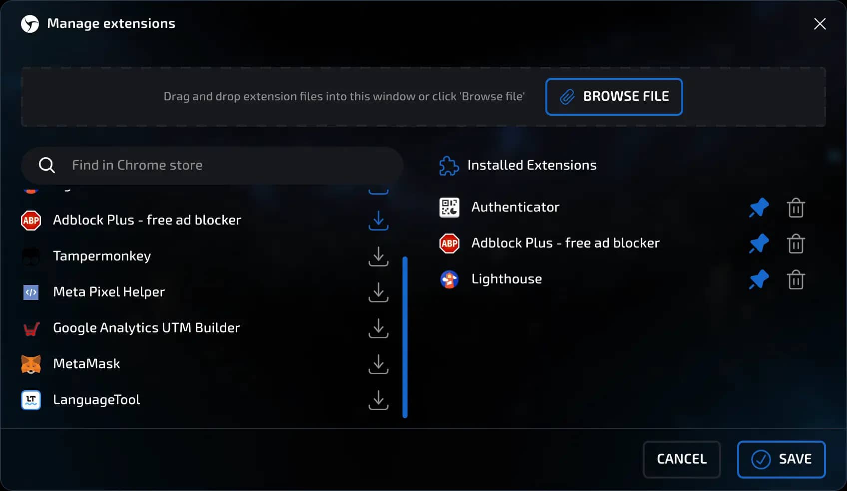 manage extensions